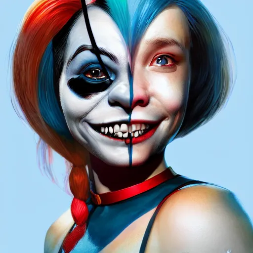 Image similar to Harley Quinn as a beautiful young ape kid with long pony tails on either side of her head, illustration, comic, by James Jean, artgerm, octane render, by John Coltrane and Marc Simonetti, kinemacolor, colorful, high detail of the face, full body