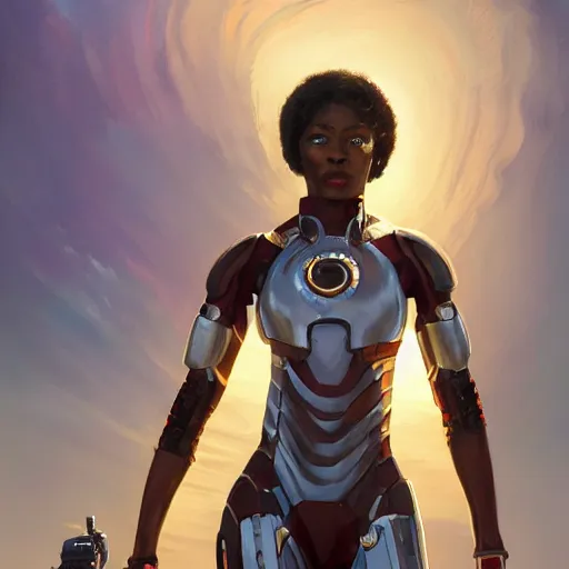 Image similar to highly detailed an african american woman in with the ironman random suit from the future gta v, stephen bliss, unreal engine, fantasy art by greg rutkowski, loish, rhads, ferdinand knab, makoto shinkai and lois van baarle, ilya kuvshinov, rossdraws, tom bagshaw, global illumination, radiant light, detailed and intricate environment