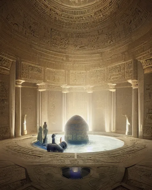 Image similar to greg rutkowski digital painting of an ornate and royal egyptian antechamber tomb, a circular pool in the tomb showing the galaxy, unreal engine, hyper realism, realistic shading, cinematic composition, blender render, octane render, hdr, detailed textures, photorealistic, ultrawide shot, 3 5 mm film