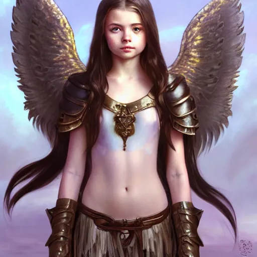 Image similar to portrait of young aasimar angel girl maiden wearing comfy leather armor with beautiful feathered angel wings, kawaii cute face, brown eyes, Mackenzie Foy, Chloe Moretz, by artgerm and greg rutkowski and alphonse mucha and andrei riabovitchev and Rossdraws and Bluesssatan and Mandy Jurgens and Stjepan Sejic, 4k oil on linen, vivid colors, colorful, photorealistic, high dynamic range, HDR, intricate, elegant, highly detailed, digital painting, artstation, concept art, smooth, sharp focus, illustration, mid-shot, medium shot, hyperdetailed