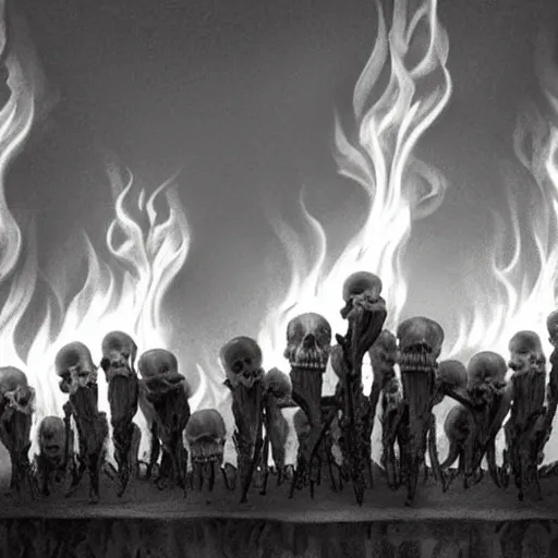 Image similar to grayscale art of skeletons on fire
