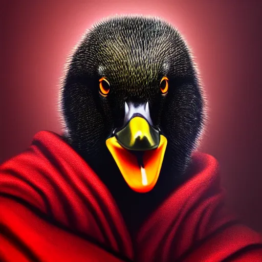 Image similar to portrait of cute mallard duck, wearing cultist red robe, inside a castle, black feathers, glowing arcane eyes, very detailed black feathers, ultra detailed, expressive oil painting digital art, 8 k, octane render, trending on art station, epic castle scene