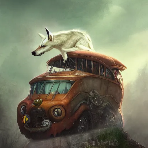 Image similar to Mythical creature - hybrid of bus and wolf, having head of wolf and body of bus, like catbus from Ghibli studio, oil on canvas, fantasy, digital painting, concept art, smooth, sharp focus, illustration, artstation trending, octane render, unreal engine, witcher 3