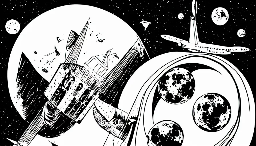 Image similar to travel to the moon in a dream, style of graphic novel, style of will eisner, black outline, on white, smooth, thin sharp lines, detailed