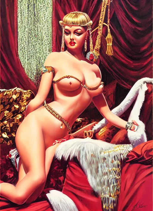 Prompt: lili st. cyr as cleopatra, pulp art oil painting by mort kunstler, intricate, hyper detailed, 4 k, hd, award winning, photorealistic