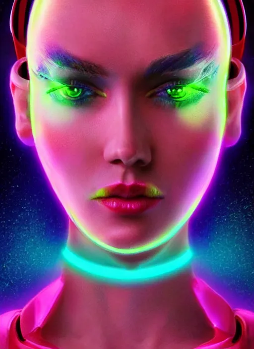 Image similar to gorgeous android woman facial portrait dressed in an aerobic sci - fi outfit of the eighties with neon colors and head band, retro, beautiful lights, vintage look, depth of field, hyper realistic, illustration, airbrush, 8 k, intricate, duo tone, art by david la chapelle and philip castle, artgerm