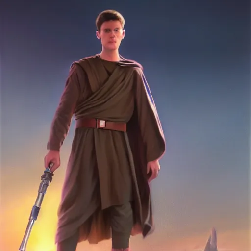 Image similar to a young male jedi with short dark blonde hair standing still looking at the sunset concept art by Doug Chiang cinematic, realistic painting, high definition, concept art, portait image, path tracing, serene landscape, high quality, highly detailed, 8K, soft colors, warm colors, turbulent sea, high coherence, anatomically correct, hyperrealistic, concept art, defined face, five fingers, symmetrical