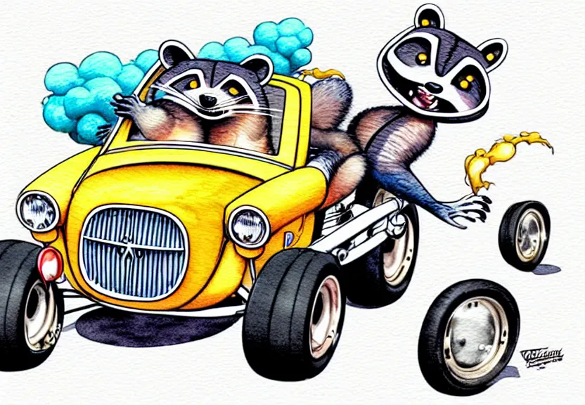 Image similar to cute and funny, racoon riding in a tiny hot rod coupe with oversized engine, ratfink style by ed roth, centered award winning watercolor pen illustration, isometric illustration by chihiro iwasaki, edited by range murata