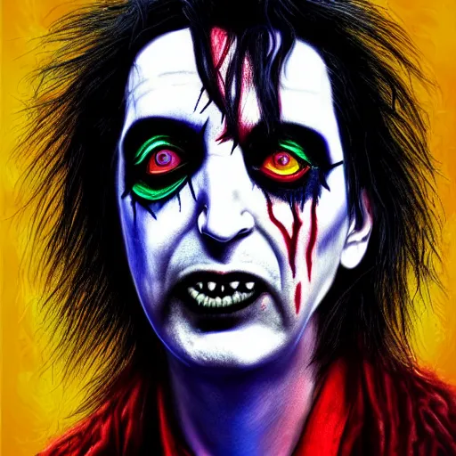 Image similar to an extremely psychedelic portrait of alice cooper as marilyn manson, surreal, lsd, face, detailed, intricate, elegant, lithe, highly detailed, digital painting, artstation, concept art, smooth, sharp focus, illustration,