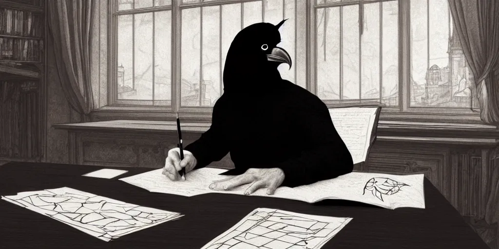 Image similar to a scholarly raven is seen writing at his desk. character sheet, character design, contrast, deep focus, turnaround, highly detailed, dramatic lighting, digital painting, artstation, concept art, matte, sharp focus, illustration, elegant, art by artgerm and greg f and alphonse mucha. photo like 1 9 9 4 public access music video.