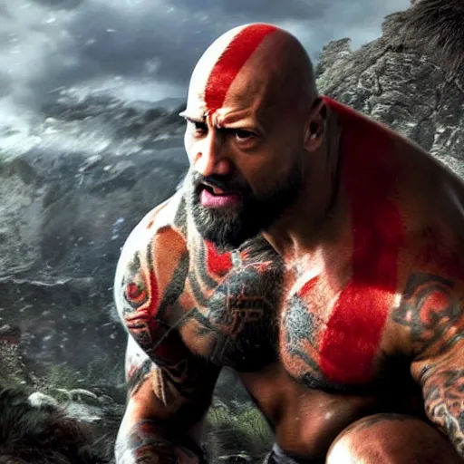 Image similar to Dwayne Johnson as Kratos 4K quality super realistic