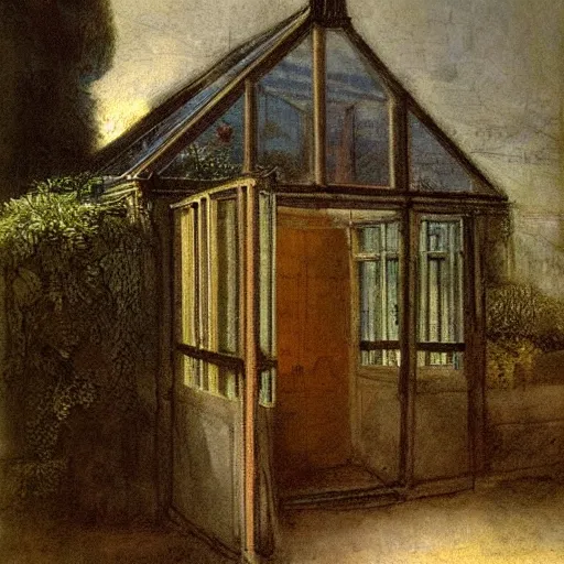 Prompt: small greenhouse with open front door and tomato plants growing out of it, rembrandt style painting