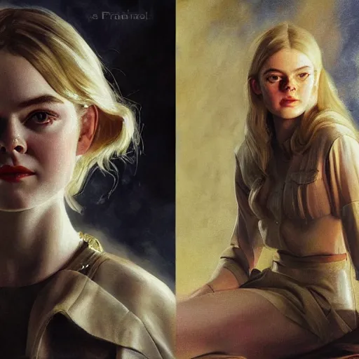 Image similar to ultra realistic medium shot portrait painting of elle fanning in prey, art by frank frazetta and j. c. leyendecker, 4 k, ultra realistic, highly detailed, epic lighting