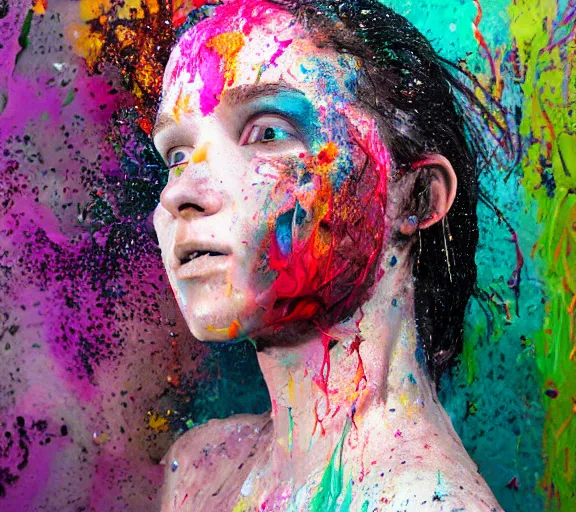 Image similar to still shot footage of a portrait of a female angel's head morphs into acrylic pour and coloured powder explosion and splashing paint and dripping paint and flying paint chunks, closing eyes, motion blur, hyperrealistic, medical, intricate art photography, hyperrealistic, anatomically correct, realistic crisp textures, 1 6 k