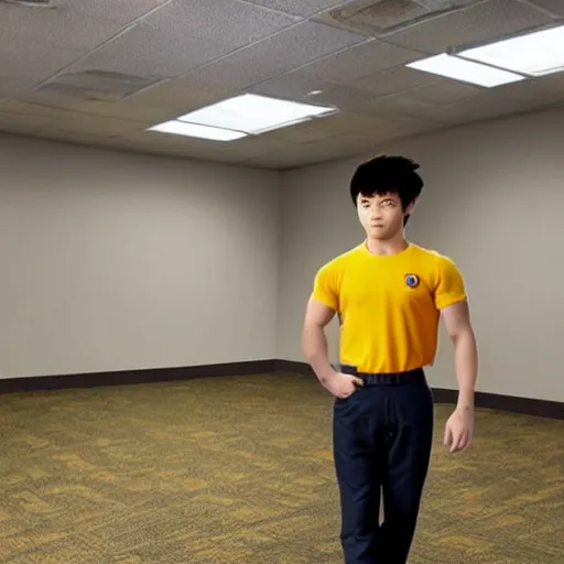 Image similar to low quality photo of real life version of son goku in the backrooms, mono - yellow old moist carpet randomly connected infinite empty office space yellow colors warm light scary