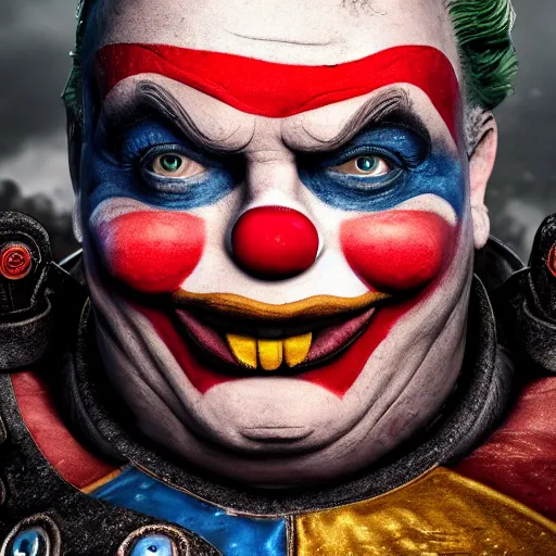 Image similar to donald trump as a clown! in gears of war, splash art, movie still, cinematic lighting, ray tracing, detailed clown face!, octane render, long lens, shallow depth of field, bokeh, anamorphic lens flare, 8 k, hyper detailed, 3 5 mm film grain