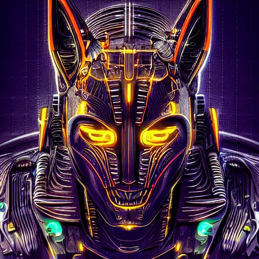 Prompt: face of cybernetic anubis, futuristic, cyberpunk, symmetric, digital illustration, photo - realistic, macro, extremely detailed, vivid, neon, dramatic lighting, intricate details