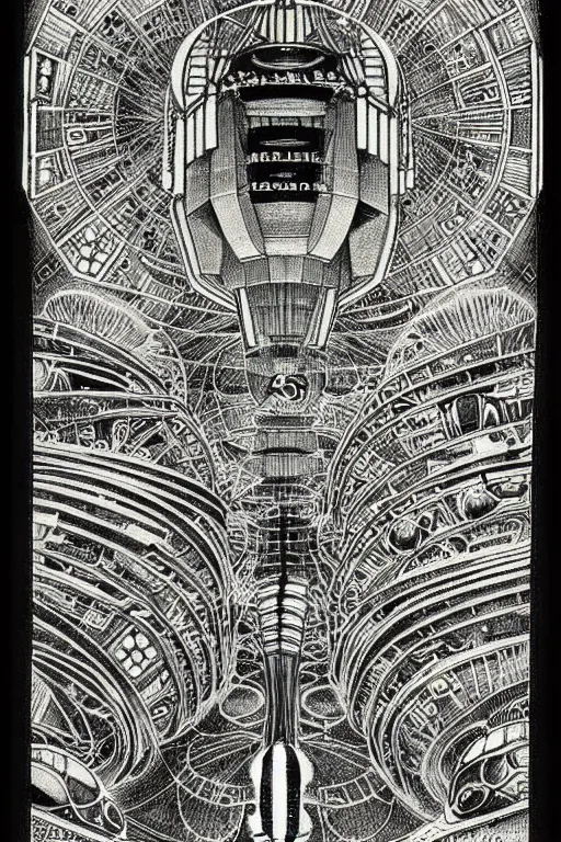 Prompt: a black and white drawing of an ancient future japanese temple international space station, bioluminescence, a detailed mixed media collage by eduardo paolozzi and ernst haeckel, intricate linework, sketchbook psychedelic doodle comic drawing, geometric, deconstructivism, matte drawing, academic art, constructivism