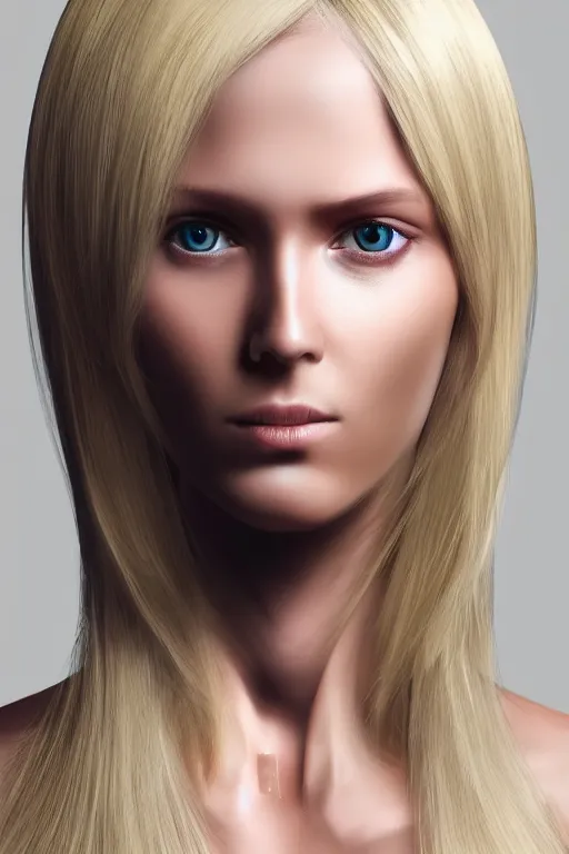 Image similar to robot with human face, female head, full body angle, woman human face, human face realistic, beautiful blonde hair, human head, human head with blonde hair, blonde hair human head, blonde hair, human realistic face, human head skin, cyborg frame concept, cyborg by ales-kotnik, sci-fi android female, the body is made of wires, robotic body, cyborg body, cyborg bust body, robot body cyborg, full body