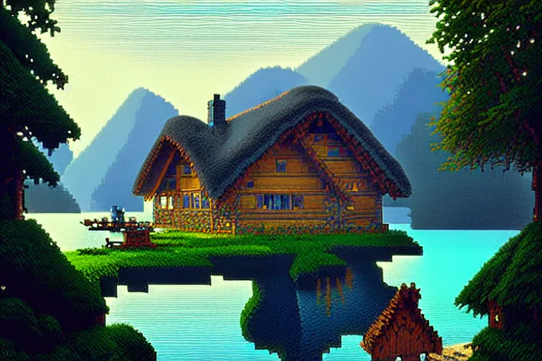 Prompt: view of a cottage above an azure lake, beautiful detailed pixelart by albertov, intricate details, beautiful, dithered gradients, volumetric lighting, cgsociety, artstation, 2 d, smooth, sharp, focus, illustration, art by artgerm, greg rutkowski, ilya kuvshinov, alphonse mucha