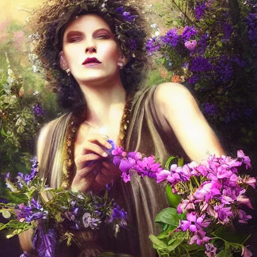 Prompt: a beautiful oil painting of Circe the witch picking up flowers, detailled, HD, realistic, beautiful face