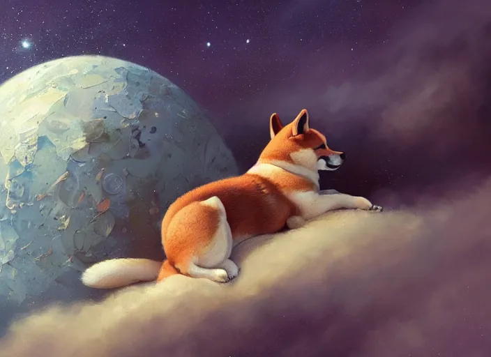 Prompt: painted of a cute shiba inu, floating in space, the earth in the background, gravity, fantasy intricate elegant extremely detailed digital painting trending artstation concept art sharp focus illustration art by gustave courbet greg rutkowski craig mullins