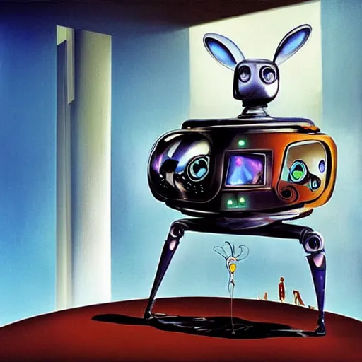 Prompt: a hybrid between a robot and a humanoid rabbit, futuristic room, illustration, digital art, by salvador dali