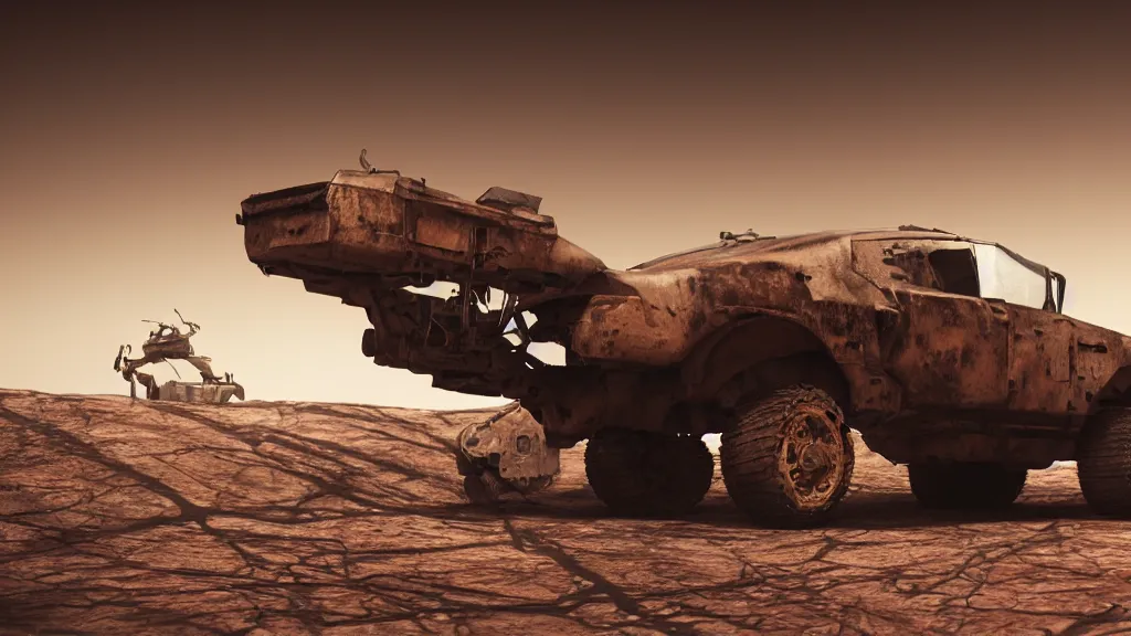 Prompt: a photorealistic dramatic hyperrealistic life on mars, ultra realistic details, glossy surface, well worn, rust, oil stains designed by vitaly bulgarov and mike nash, beautiful dramatic dark moody tones and lighting, cinematic atmosphere, global illumination, shadows, dark background, octane render, 8 k