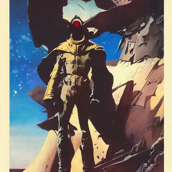 Prompt: illustration of model in plastic space mask wearing baggy colorful 9 0 s rick owens jacket by frank frazetta. sci fi book cover. - c 1 0