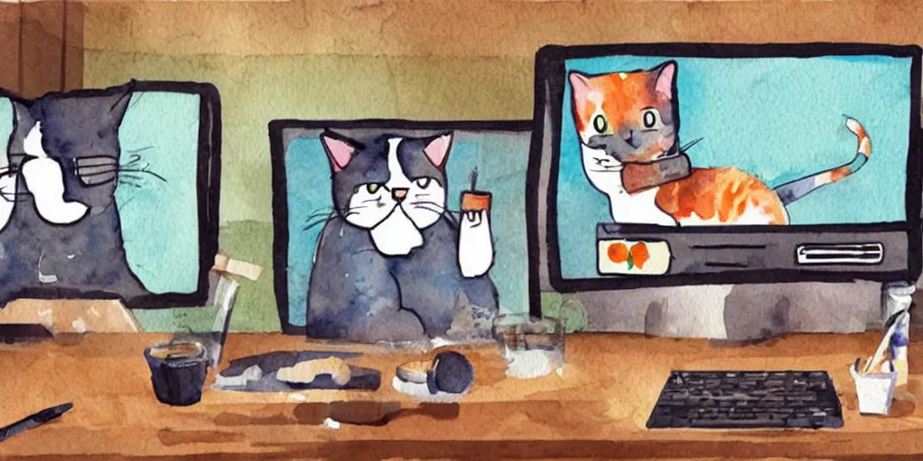 Image similar to watercolor illustration style, cute! cats watch the news on computer monitor