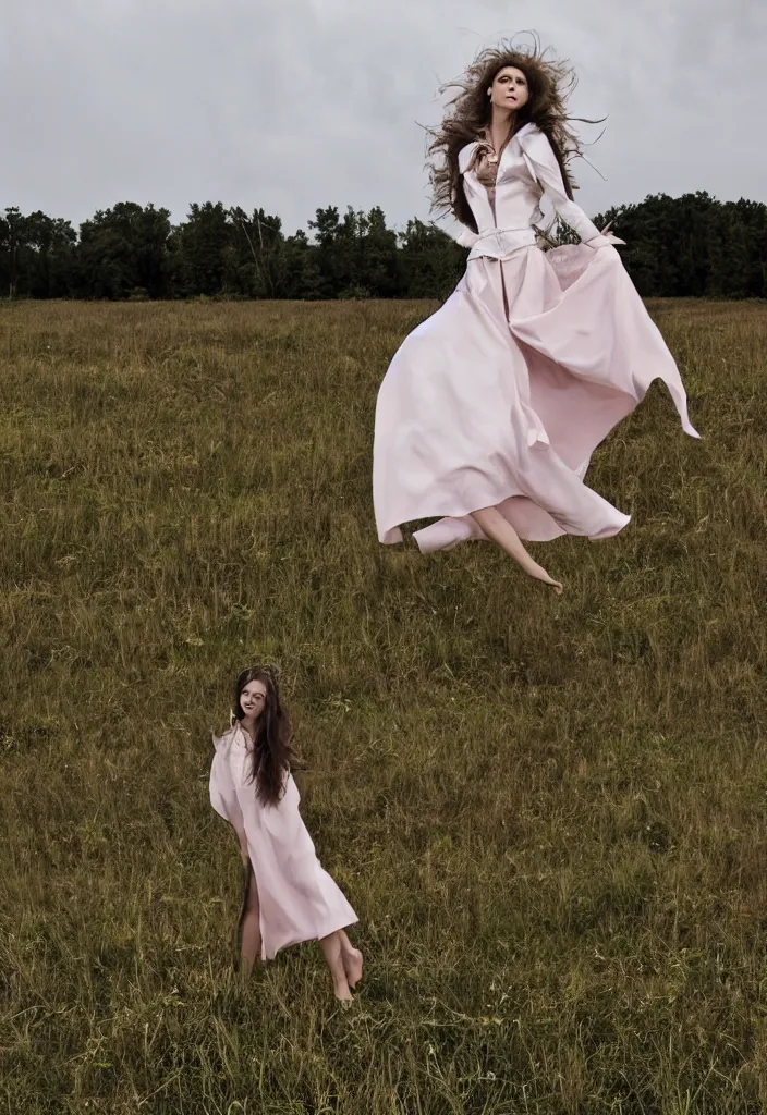 Image similar to fashion editorial in front of tornado storm on a field.