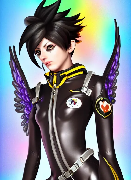 Image similar to portrait digital artwork of tracer overwatch, wearing iridescent rainbow latex and leather straps catsuit outfit, in style of mark arian, angel wings, dramatic painting, wearing detailed leather collar, chains, black harness, detailed face and eyes,