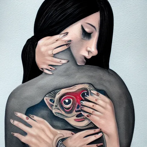 Image similar to Hot young woman, grey skin, void eyeballs, tattoos, wearing a leather jacket, hugging a shrouded person as they cry on her chest, comforting, touching, wholesome, painting, art, watercolour, siblings 4k, 8k