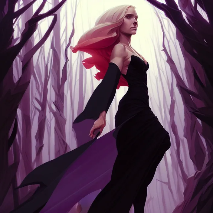 Image similar to style artgerm, joshua middleton, hubert robert, beautiful kristen bell with black dress, very long white hair, symmetrical face, symmetrical eyes, purple fire powers fire swirling, detailed, forest setting, cinematic lighting