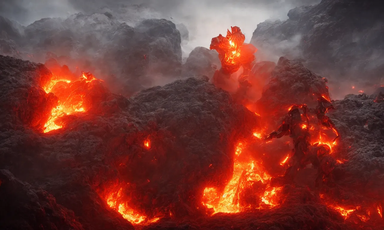 Image similar to a fire golem emerging from the crater of a volcano surrounded by the police and the army, dramatic effects, epic composition, large scale, octane render, digital art, sharp focus, 8k trending on artstation, action pose