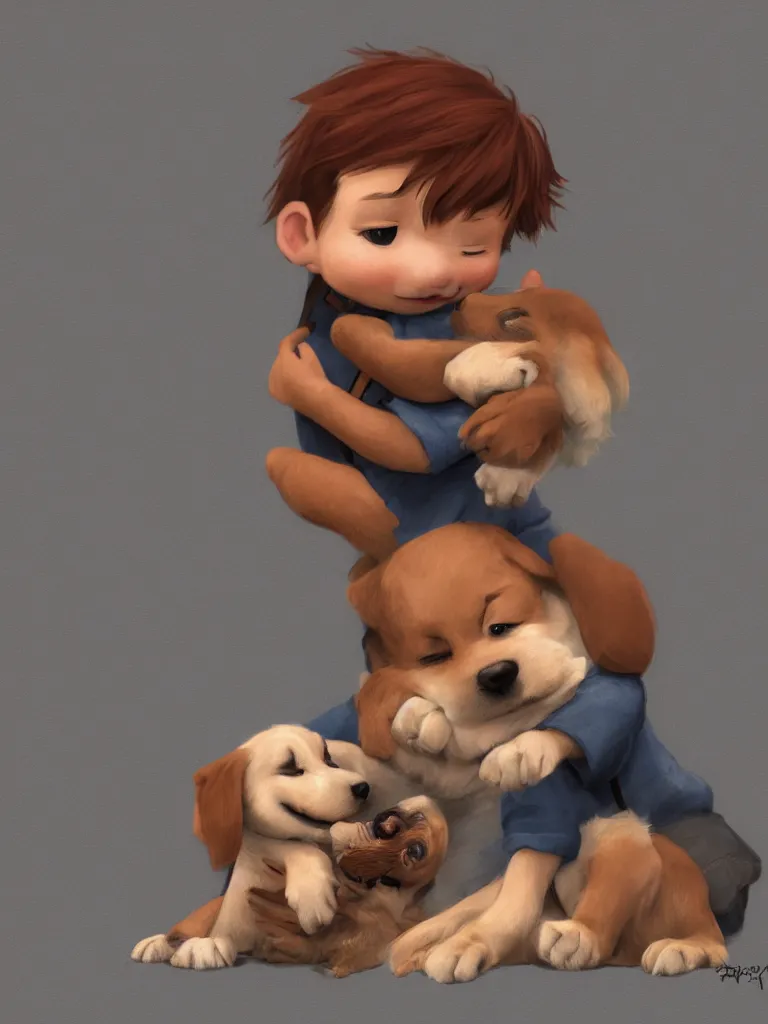 Image similar to boy hugging puppy by disney concept artists, blunt borders, rule of thirds