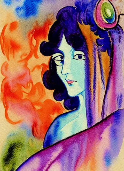 Prompt: vintage 7 0 s anime watercolor by picasso, a portrait of a lady with colorful face - paint enshrouded in an impressionist watercolor, representation of mystic crystalline rift fractals in the background by william holman hunt, art by cicley mary barker, thick impressionist watercolor brush strokes, portrait painting by daniel garber, minimalist simple pen and watercolor