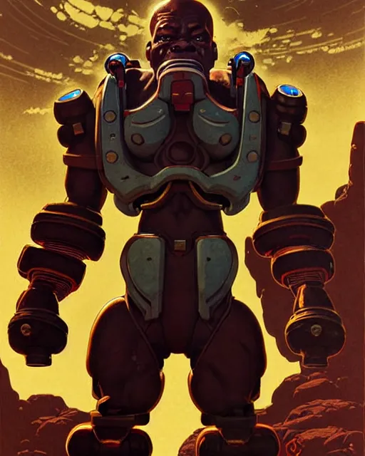 Image similar to doomfist from overwatch, character portrait, portrait, close up, concept art, intricate details, highly detailed, vintage sci - fi poster, retro future, vintage sci - fi art, in the style of chris foss, rodger dean, moebius, michael whelan, and gustave dore