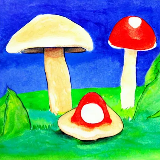 Image similar to a children painting of a cute creature sitting next to a mushroom, detailed, realistic