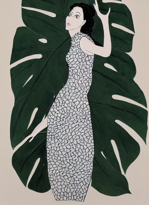 Image similar to a woman in dress inspired by monstera leaves