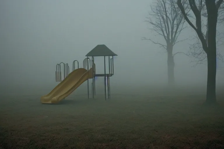 Prompt: that playground does not exist, alone, mid night, no lights, fog, very dark, dark, 2 0 0 0 s photo