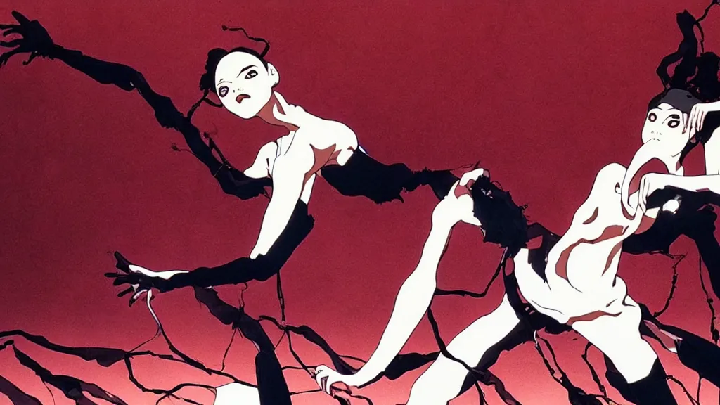 Image similar to french voguing dance horror movie, anime film still from the an anime directed by katsuhiro otomo with art direction by salvador dali, wide lens