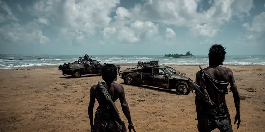 Image similar to sri lankan mad max style, ocean, perspectiv from a big ship, film still, epic shot cinematography, rule of thirds