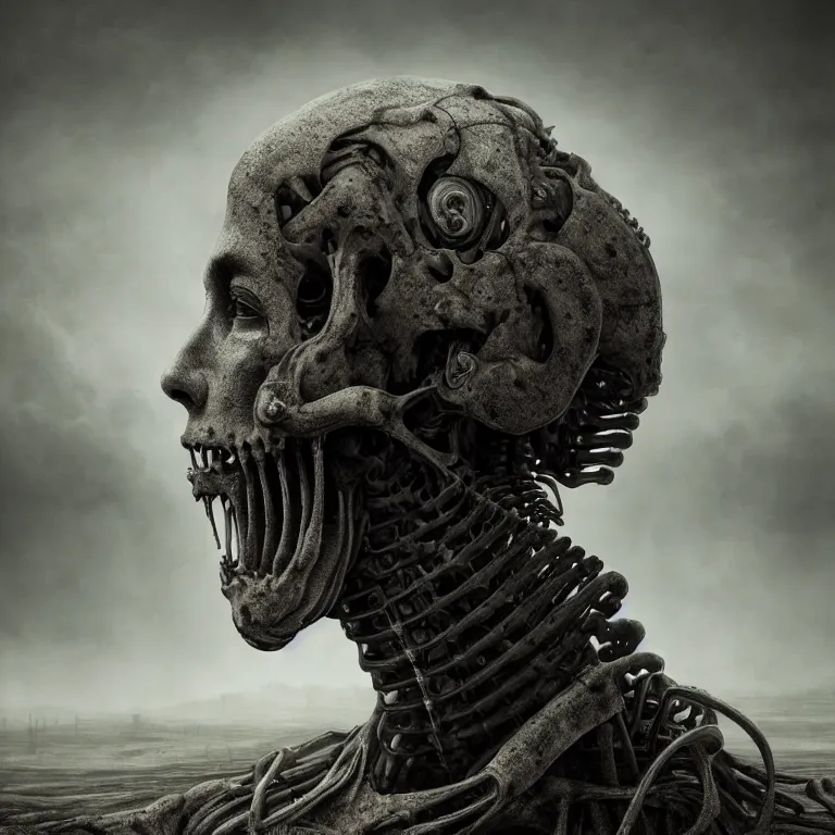 Prompt: ribbed spinal robot face portrait, baroque painting, standing in a desolate empty wasteland, creepy, nightmare, dream-like heavy atmosphere, surreal abandoned buildings, beautiful detailed intricate insanely detailed octane render, 8K artistic photography, photorealistic, chiaroscuro, Raphael, Caravaggio, Beksinski, Giger