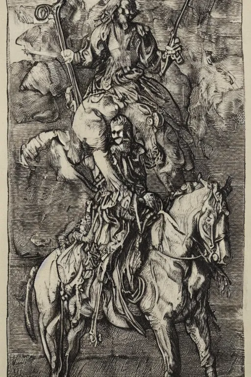 Image similar to 'A woodcut print of Frank Zappa playing the guitar whilst riding a horse, by Albrecht Dürer'