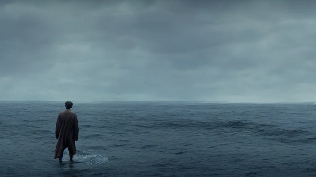 Image similar to Cillian Murphy coming out of the ocean, film still from the movie directed by Denis Villeneuve with art direction by Zdzisław Beksiński, wide lens