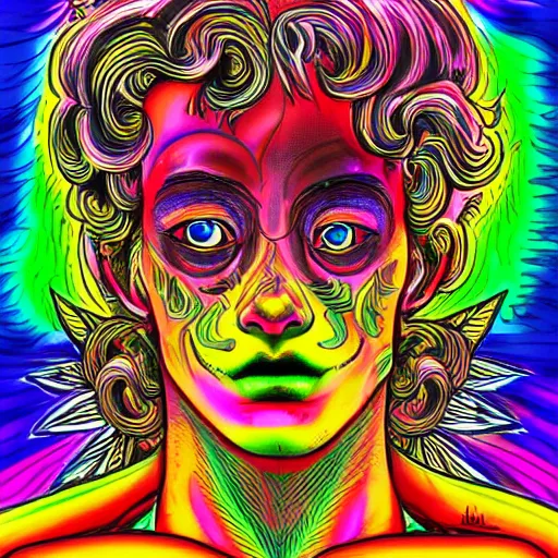 Image similar to a psychedelic godlike humanoid, hyper detailed, in the style of rutkowski and junji ito and bob ross and lisa frank, selfie