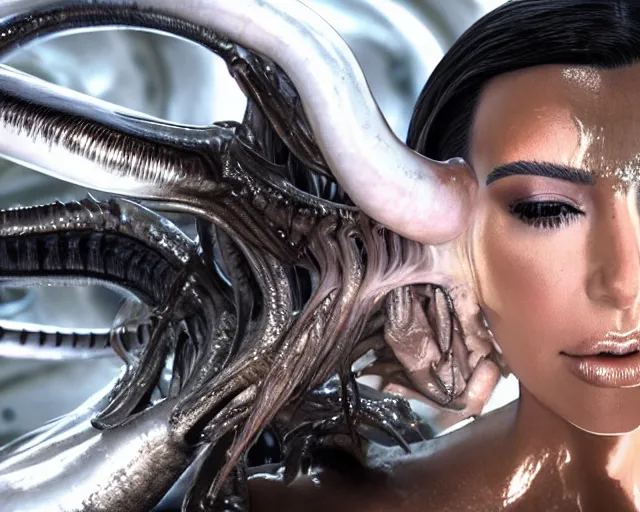 Image similar to cinematic still of kim kardashian being mouth fed by an xenomorph feeding her a transparent alien liquid, wet flowing hair, gooey skin, illustration, unreal engine 5, 8 k, directed by h. r. giger.