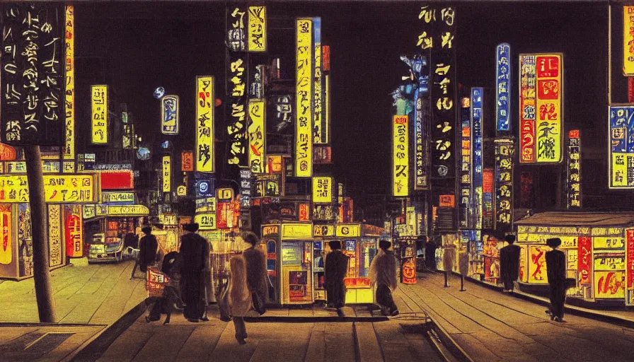 Prompt: wide film still, long exposure of tokyo street scene, by henri rousseau, night time, neon lights