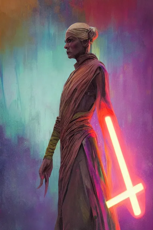 Image similar to symmetry!! a full body sci-fi portrait, oil painting, illustration of a Jedi, colourful, by Justin Sweet and Greg Rutkowski and Alphones Much